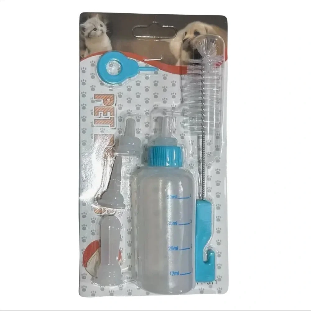 Pet Nursing Bottle Set w Spare Pacifiers Cleaning Brush & Hole Opener, 6pcs